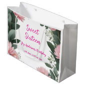 ヴィンテージピンクの花グリーンユーカリ16歳の誕生日 ラージペーパーバッグ (正面アングル)