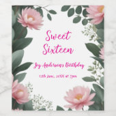 ヴィンテージピンクの花グリーンユーカリ16歳の誕生日 ワインラベル (シングルラベル)