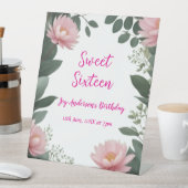 ヴィンテージピンクの花グリーンユーカリ16歳の誕生日 台座サイン (インサイチュ)