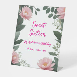 ヴィンテージピンクの花グリーンユーカリ16歳の誕生日 台座サイン