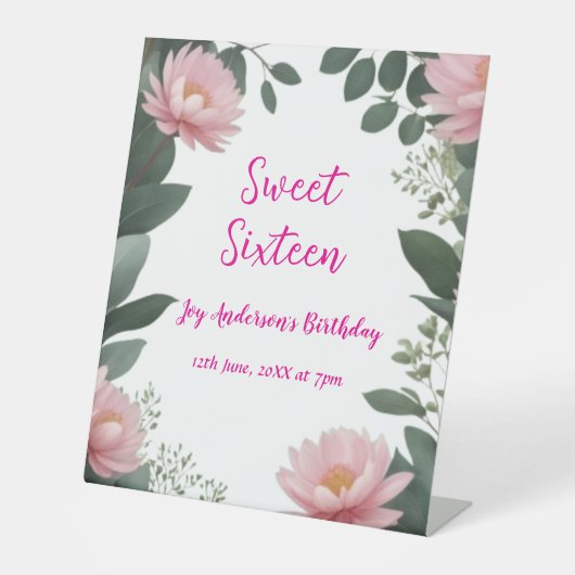 ヴィンテージピンクの花グリーンユーカリ16歳の誕生日 台座サイン (正面)