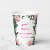 ヴィンテージピンクの花グリーンユーカリ16歳の誕生日 紙コップ (裏面)
