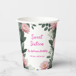 ヴィンテージピンクの花グリーンユーカリ16歳の誕生日 紙コップ