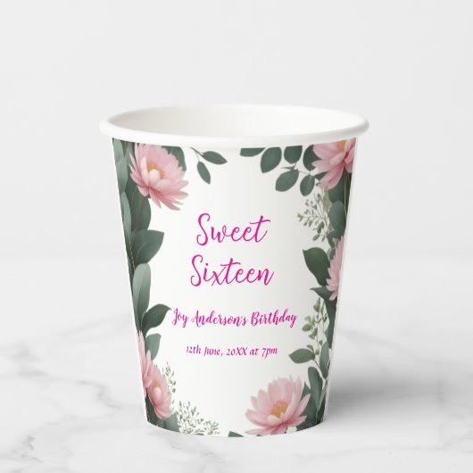 ヴィンテージピンクの花グリーンユーカリ16歳の誕生日 紙コップ (正面)