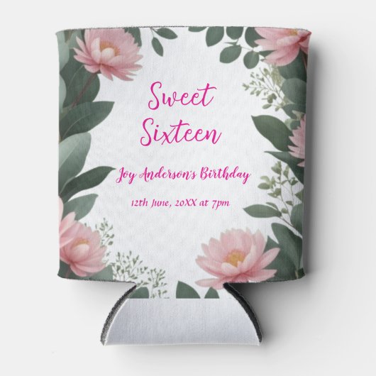 ヴィンテージピンクの花グリーンユーカリ16歳の誕生日 缶クーラー (正面)