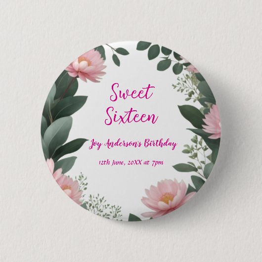 ヴィンテージピンクの花グリーンユーカリ16歳の誕生日 缶バッジ (正面)