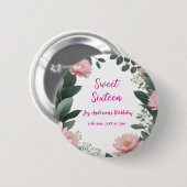 ヴィンテージピンクの花グリーンユーカリ16歳の誕生日 缶バッジ (正面&裏面)
