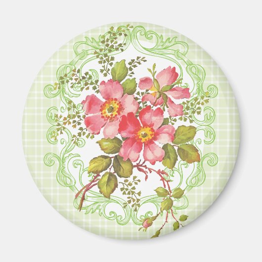 ヴィンテージピンクの花コテージ夢 マグネット (正面)