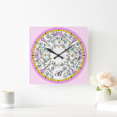 ヴィンテージピンクの花ビクトリアンのスクロールパターン スクエア壁時計 (ホーム)