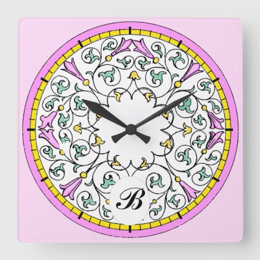 ヴィンテージピンクの花ビクトリアンのスクロールパターン スクエア壁時計 (正面)
