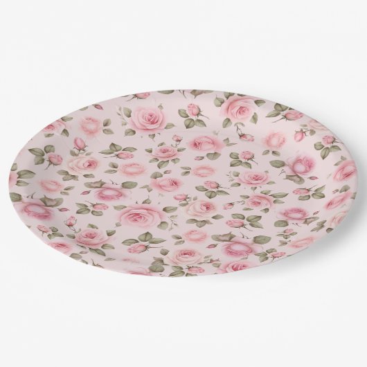 ヴィンテージピンクの花ブライダルシャワー ペーパープレート (アングル)
