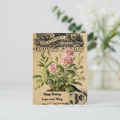 ヴィンテージピンクの花　3セント　誕生日 ポストカード (スタンド正面)