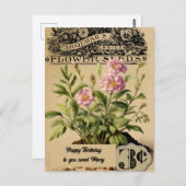 ヴィンテージピンクの花　3セント　誕生日 ポストカード (正面/裏面)
