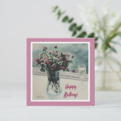 ヴィンテージピンクの誕生日素晴らしの花絵画アート シーズンカード (スタンド正面)