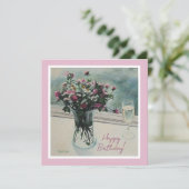 ヴィンテージピンクの誕生日素晴らしの花絵画アート シーズンカード (スタンド正面)