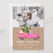 ヴィンテージピンクの赤いトラックのクリスマスツリーのクラフト写真 シーズンカード (正面)