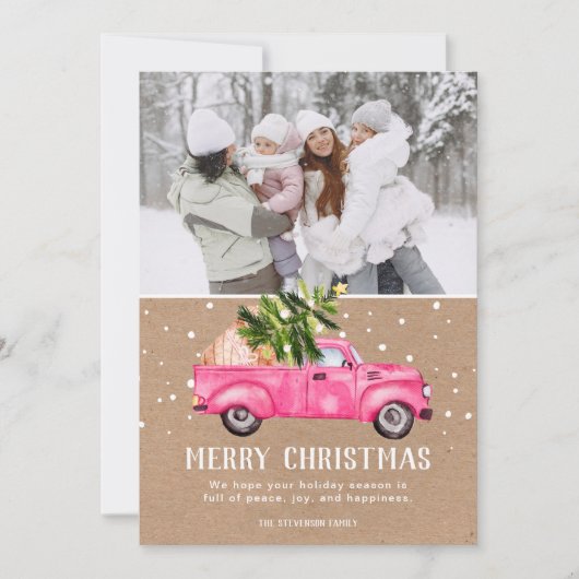 ヴィンテージピンクの赤いトラックのクリスマスツリーのクラフト写真 シーズンカード (正面)