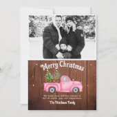 ヴィンテージピンクの赤いトラックのクリスマスツリーの木の写真 シーズンカード (正面)