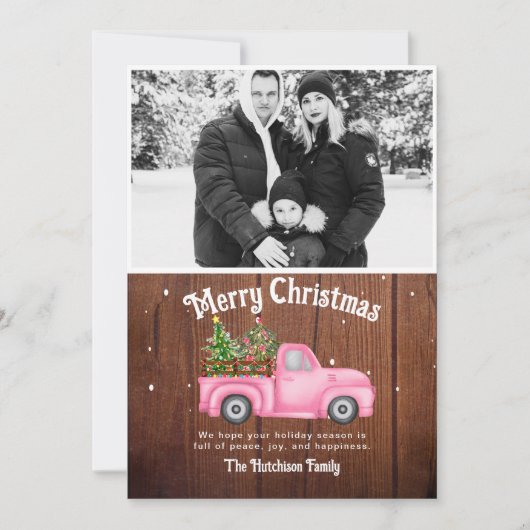 ヴィンテージピンクの赤いトラックのクリスマスツリーの木の写真 シーズンカード (正面)