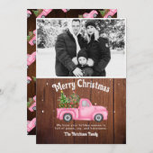 ヴィンテージピンクの赤いトラックのクリスマスツリーの木の写真 シーズンカード (正面/裏面)