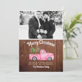 ヴィンテージピンクの赤いトラックのクリスマスツリーの木の写真 シーズンカード (スタンド正面)