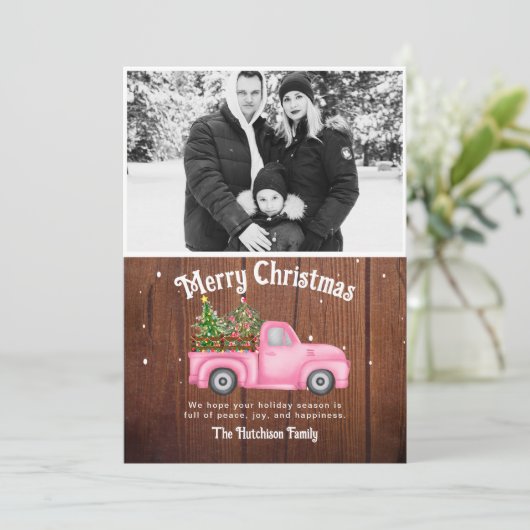 ヴィンテージピンクの赤いトラックのクリスマスツリーの木の写真 シーズンカード (スタンド正面)