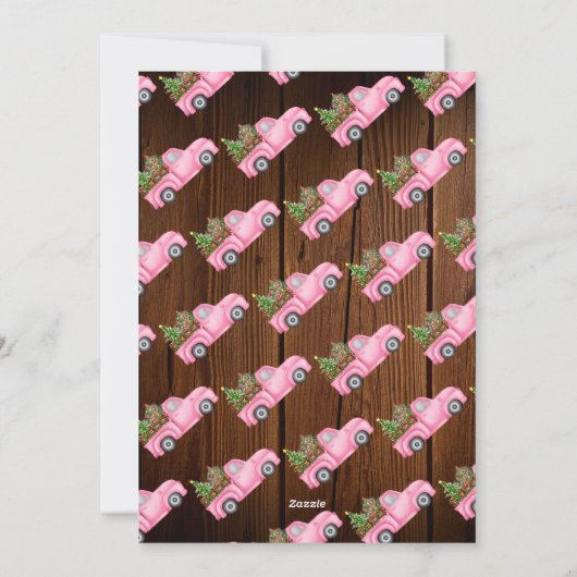 ヴィンテージピンクの赤いトラックのクリスマスツリーの木の写真 シーズンカード (裏面)