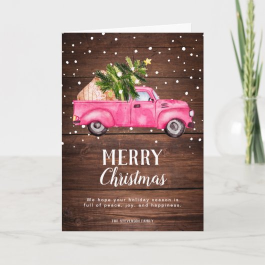 ヴィンテージピンクの赤いトラックのクリスマスツリーの木の写真 シーズンカード (正面)