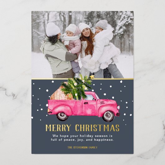 ヴィンテージピンクの赤いトラックのクリスマスツリーの青い写真 箔シーズンカード (正面)