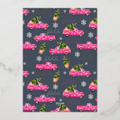 ヴィンテージピンクの赤いトラックのクリスマスツリーの青い写真 箔シーズンカード (裏面)