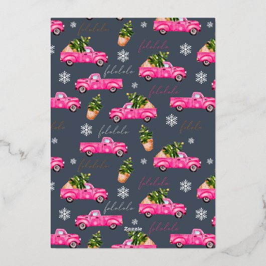 ヴィンテージピンクの赤いトラックのクリスマスツリーの青い写真 箔シーズンカード (裏面)