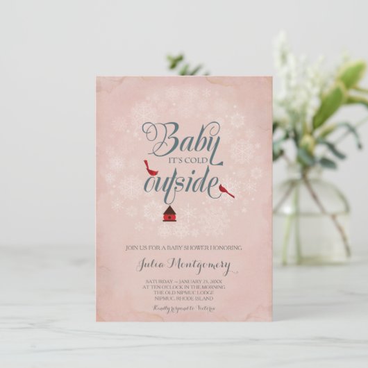 ヴィンテージピンクの赤ちゃんシャワー冬の外は寒い 招待状 (スタンド正面)