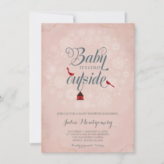 ヴィンテージピンクの赤ちゃんシャワー冬の外は寒い 招待状 (正面)