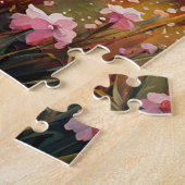 ヴィンテージピンクの車と草原の一角獣 ジグソーパズル (側面)