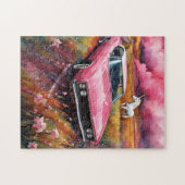 ヴィンテージピンクの車と草原の一角獣 ジグソーパズル (横)