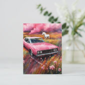 ヴィンテージピンクの車と草原の一角獣 ポストカード (スタンド正面)