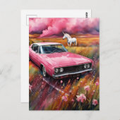 ヴィンテージピンクの車と草原の一角獣 ポストカード (正面/裏面)
