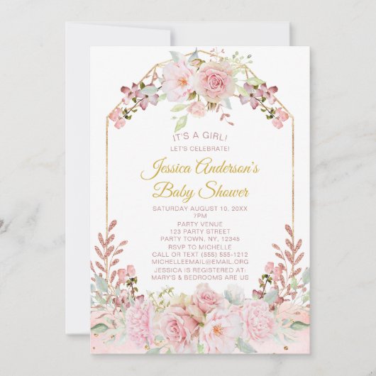 ヴィンテージピンクの金ゴールド水色フローラ赤ちゃんシャワー 招待状 (正面)