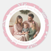 ヴィンテージピンクの雪片クリスマスフォト ラウンドシール (正面)
