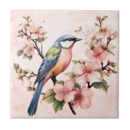 ヴィンテージピンクの鳥フローラのモチーフの庭のシーン タイル