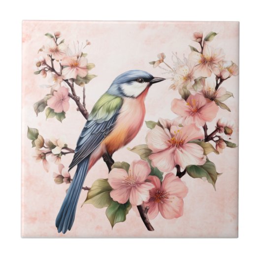 ヴィンテージピンクの鳥フローラのモチーフの庭のシーン タイル (正面)