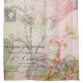 ヴィンテージピンクの鳥フローラ シャワーカーテン (正面)