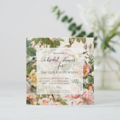 ヴィンテージピンクの黄色いバラのフローラの葉と鳥 招待状 (スタンド正面)