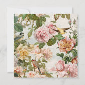 ヴィンテージピンクの黄色いバラのフローラの葉と鳥 招待状 (裏面)