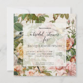 ヴィンテージピンクの黄色いバラのフローラの葉と鳥 招待状 (正面)