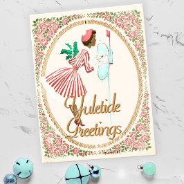 ヴィンテージピンクの黒いクリスマスの女性は彼女のメールボックスで シーズンポストカード