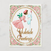 ヴィンテージピンクの黒いクリスマスの女性は彼女のメールボックスで シーズンポストカード (正面)