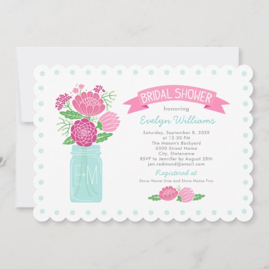 ヴィンテージピンクアクアフローラメイソンJARブライダルシャワー 招待状 (正面)