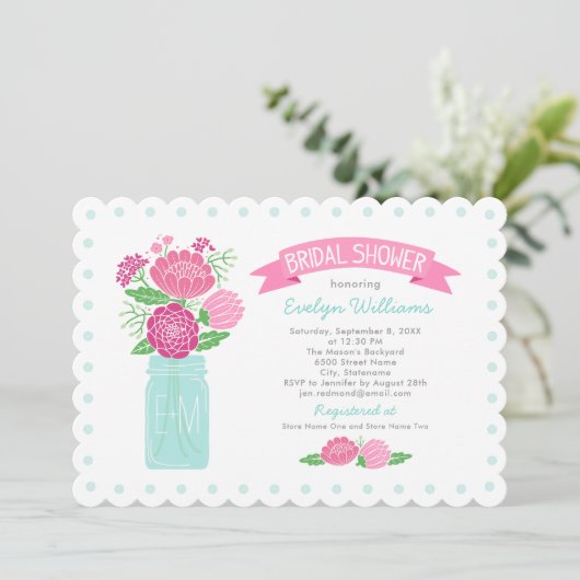 ヴィンテージピンクアクアフローラメイソンJARブライダルシャワー 招待状 (スタンド正面)
