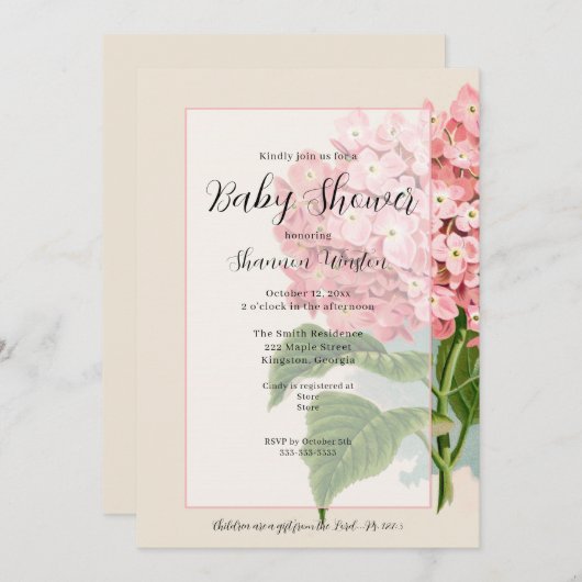 ヴィンテージピンクアジサイフローラベビーシャワー 招待状 (正面/裏面)